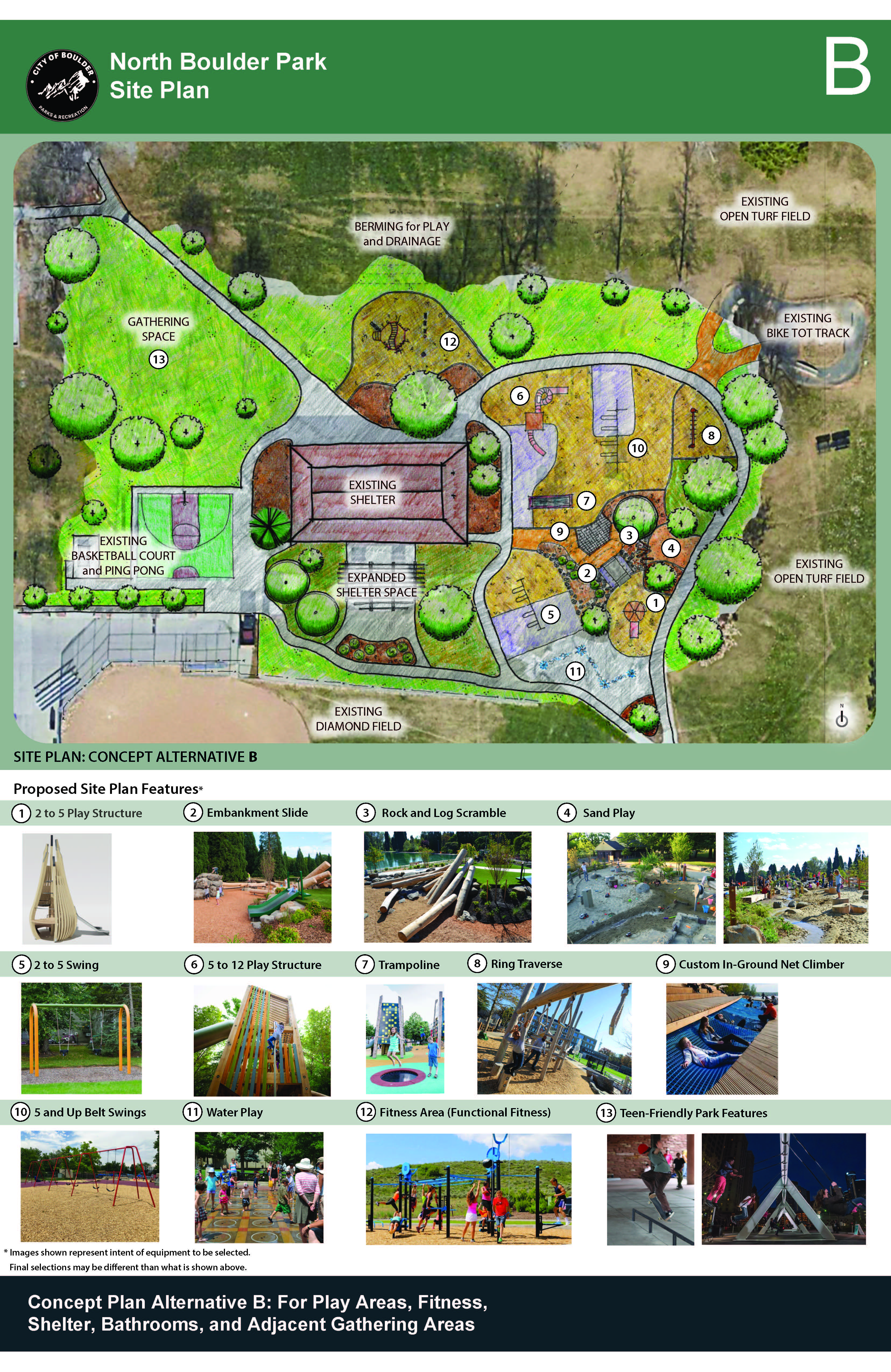 North Boulder Park Renovation Concept Plan Alternative B. Longer description included below.