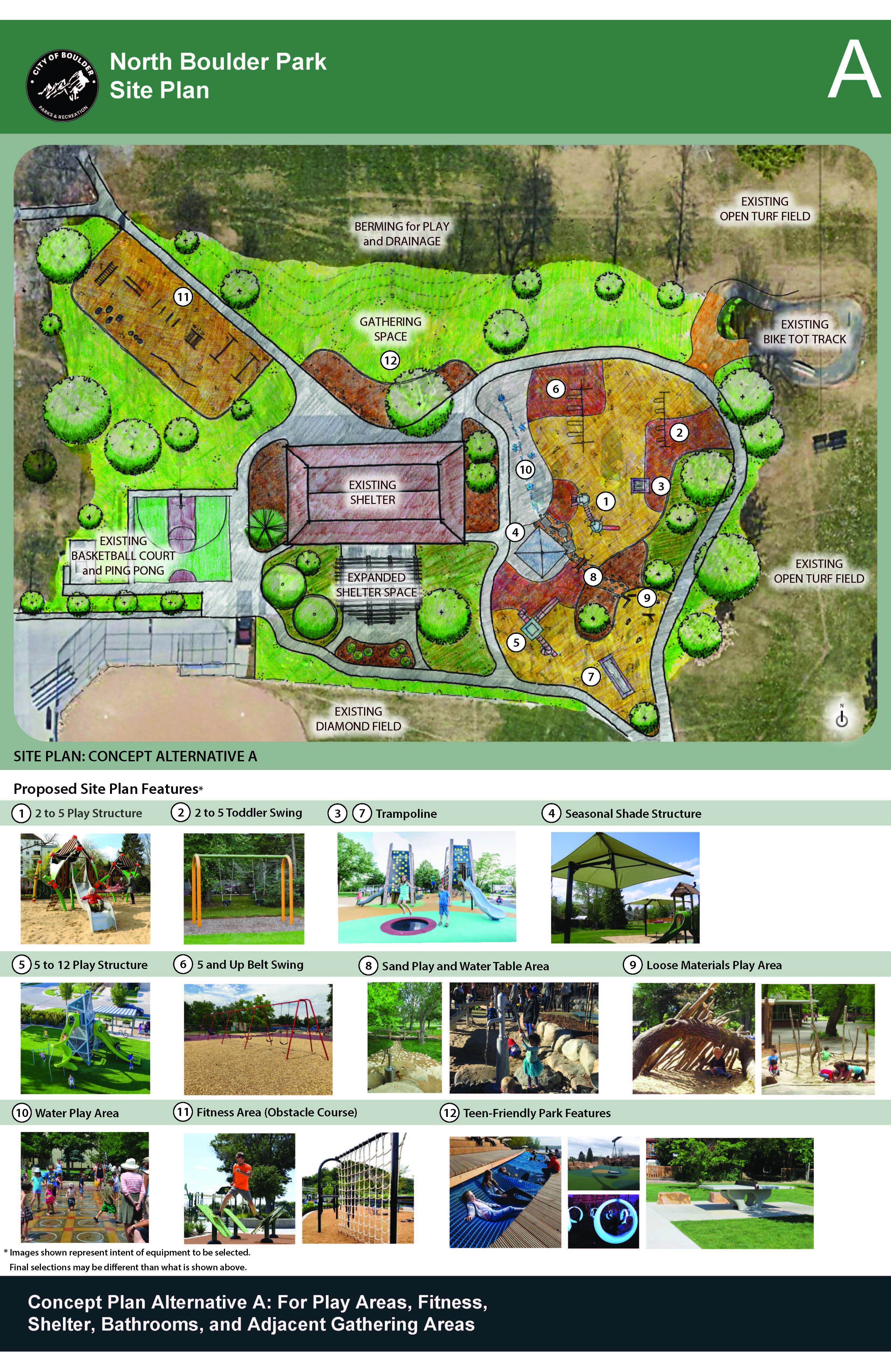 North Boulder Park Renovation Concept Plan Alternative A. Longer description included below.